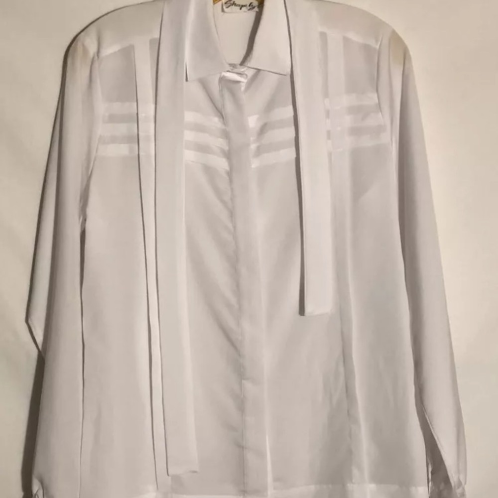 Vtg Shapely Womens 12 Sheer White Long Sleeve Button Up Blouse Neck Tie